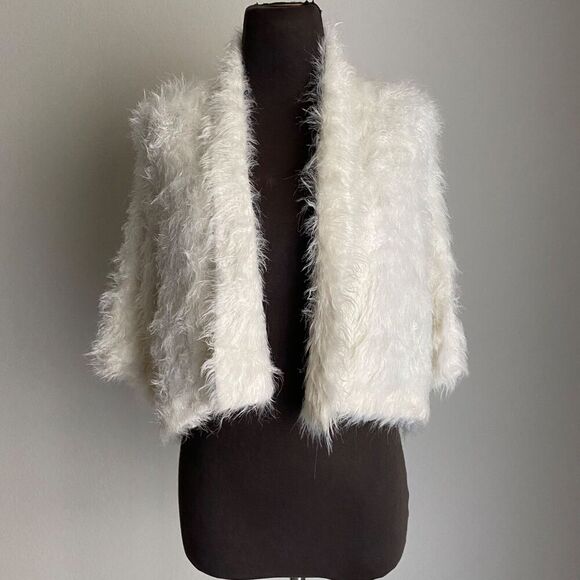 Anthropologie Sweaters - Anthropologie sz XS white faux vegan fur cropped cardigan NWT